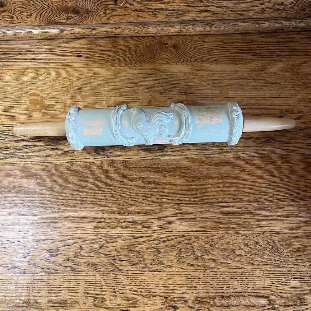 Rooster Embossed Rolling Pin Farmhouse Decor Sage Green Tan Distressed
